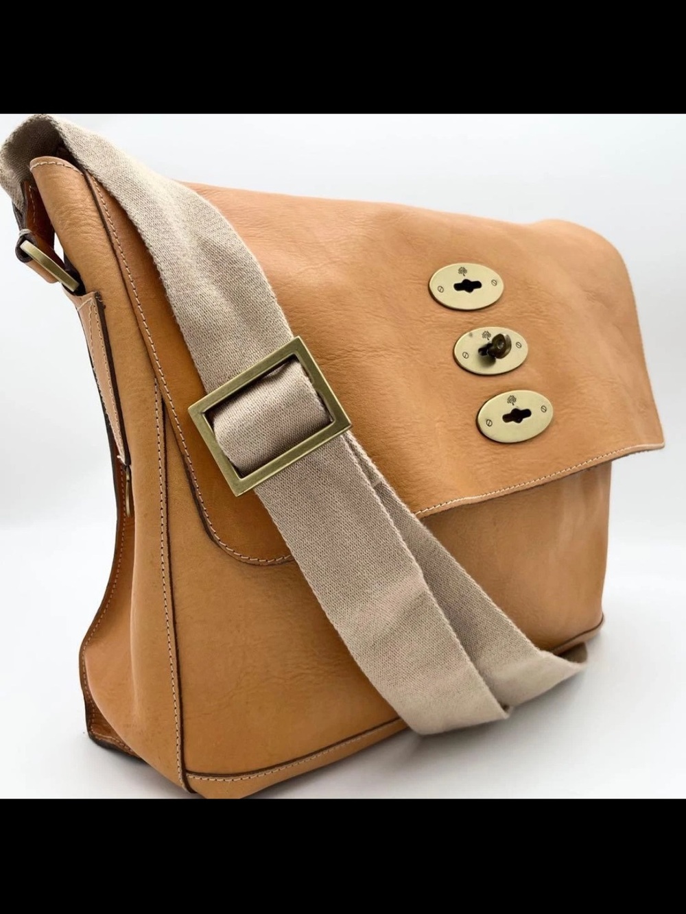 Mulberry Tan Leather Messenger Bag with Beige Canvas Strap